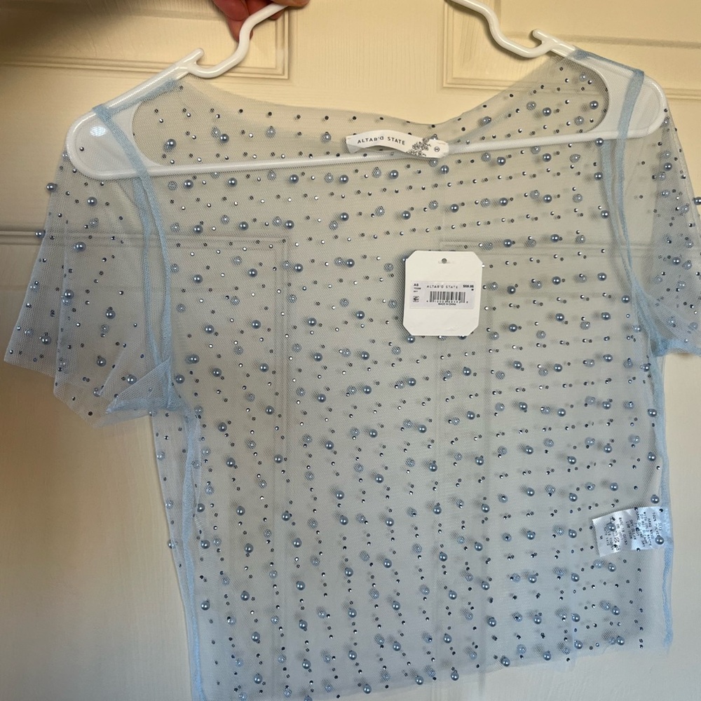 NWT Sheer Blue Beaded Top Medium